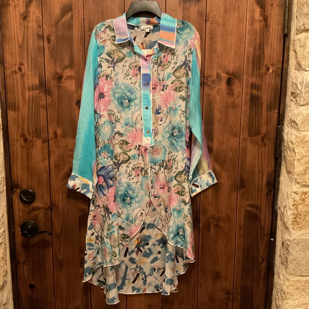 Paris Floral Sheer Tunic in Aqua, Pink, Teal